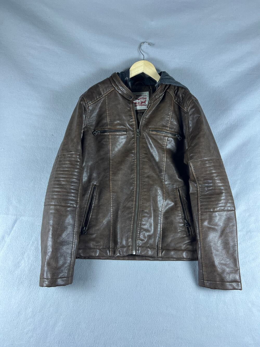 Levi's Faux Leather Racer Jacket Mens M Brown Hooded Zip Sleeve Quilted Biker